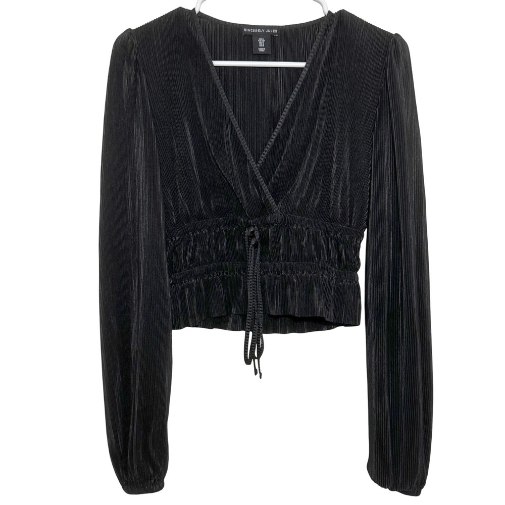 Sincerely Jules Pleated Wrap Top Black Smocked Waist Long Sleeve Womens Small